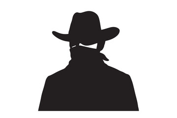 Silhouette of a mysterious bandit wearing a cowboy hat and face mask on white background.