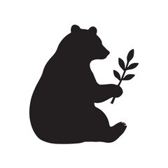 A simple black silhouette of a sitting bear holding a small leafy branch on a white background.