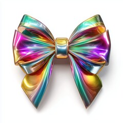 Obraz premium A vibrant and shiny rainbow ribbon bow featuring iridescent and holographic textures, isolated on a white background. Generative AI.