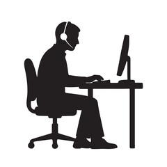Silhouette of a male operator wearing a headset and working on a computer at his desk.