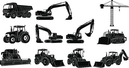 Construction machinery silhouettes set with excavators cranes dump trucks tractors and loaders, black vector industrial equipment illustration isolated on white background © Art_By_Aktarina