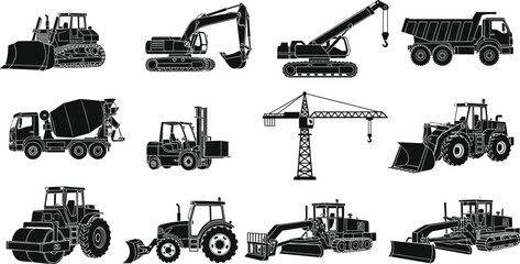 Construction machinery silhouettes set including excavators cranes dump trucks forklifts and tractors, black vector industrial equipment illustration isolated on white background © Art_By_Aktarina