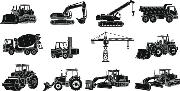 Construction machinery silhouettes set including excavators cranes dump trucks forklifts and tractors, black vector industrial equipment illustration isolated on white background