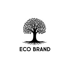 Obraz premium Simple and elegant logo design featuring a stylized tree with roots and the text eco brand