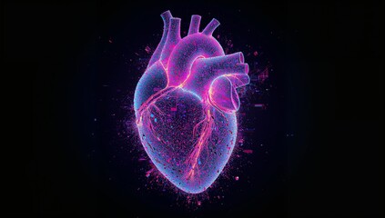 Fototapeta premium Floating anatomical holographic heart glowing on black canvas, showing wireframe, coronary vessels