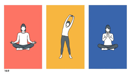 Wellness and Yoga Illustration Set: Woman Meditating, Stretching, and Practicing Poses in Minimalist Flat Design.