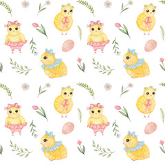 Fototapeta premium Watercolor seamless pattern with cute little chicken, eggs, tulips, herbs. Happy Easter and Spring pattern