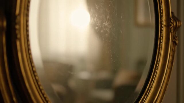 A vintage mirror reflecting soft light in a warm, cozy atmosphere.