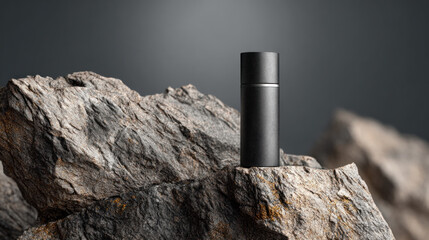 Obraz premium A matte black cylindrical product container stands on rough grey and brown rocks