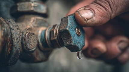 A human hand with grimy fingers carefully adjusts an old, corroded metal water valve, from which a solitary drop of clear water slowly falls, indicating a leak