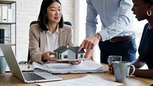 Real estate professionals discussing a house model and documents at a desk with a laptop and coffee mugs