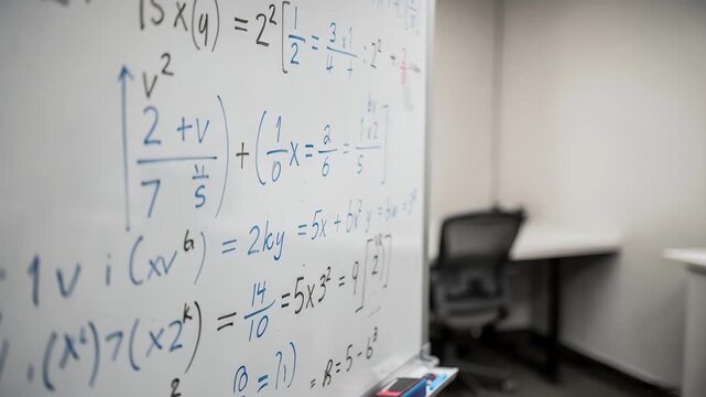 Closeup of a small whiteboard in a tutoring pod filled with math equations sharply focused against a softly blurred desk and chair setup.