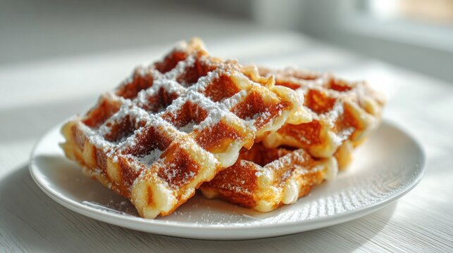 Two warm, crispy waffles covered in white powdered sugar rest on a simple white plate on a bright table. Sunlight illuminates the sweet breakfast or brunch treat