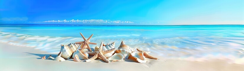 A serene beach scene featuring colorful seashells and starfish along the shoreline, with gentle waves and a clear blue sky in the background.