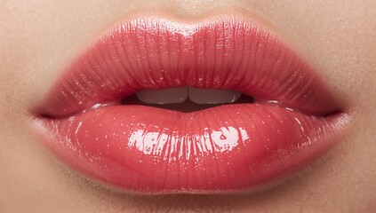 Obraz premium Parting glossy coral-pink lips revealing upper front teeth in studio close-up, showing gloss shine