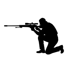 Obraz premium Silhouette of a sniper aiming with a rifle on white.