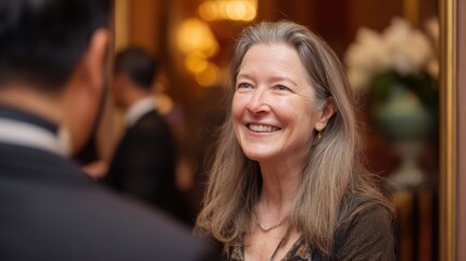 Obraz premium Mature caucasian female smiling at social event with blurred background.