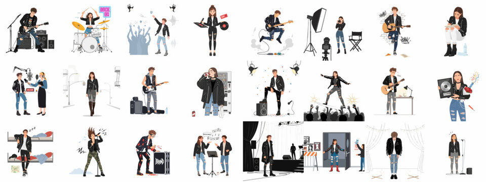 Rock musician lifestyle vector collection featuring band members performing, recording in studio, backstage life, and concert scenes.