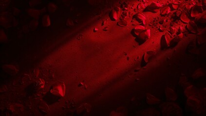 Scattering whole and torn red rose petals across textured surface in studio, with diagonal lighting