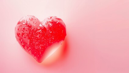 Obraz premium Glowing red heart-shaped object sitting on pale pink plane, with water droplets, copy space