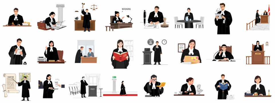 Judge and Lawyer Legal Activity Vector Collection: Justice Professionals Working in Court and Law Office Illustrations.