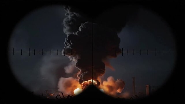 Explosion seen through a scope at a destroyed location during a conflict at night