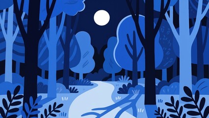 A stylized illustration of a forest path at night under a full moon. Monochromatic blue landscape with a winding trail through the woods. Modern flat vector art background