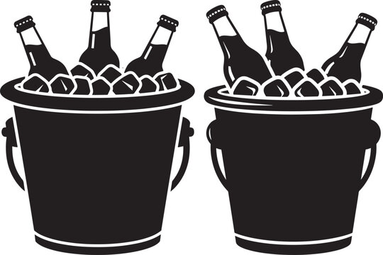 Two black silhouette buckets filled with ice and beer bottles, isolated on white background. Refreshing drinks concept.