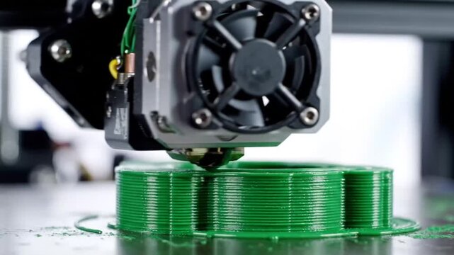 3D Printer Printing Green Object, Close-Up View
