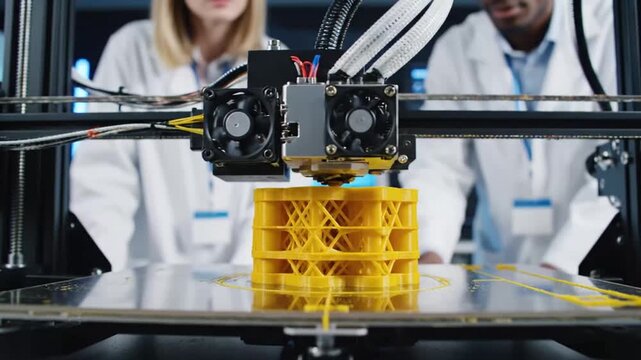 3D Printing Process: Scientists Creating Yellow Object in Lab