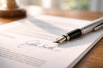 Fototapeta premium Elegant fountain pen resting next to signed document on table