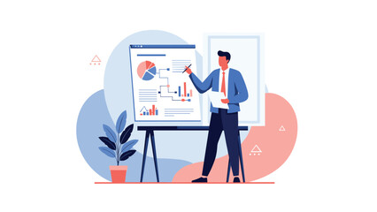 A professional man is confidently giving a business presentation, pointing to a whiteboard displaying charts and graphs, indicating data analysis.