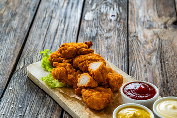 Breaded chicken nuggets with mayonnaise, ketchup and mustard on wooden table