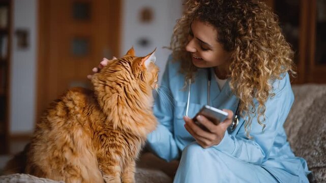 Close medium shot of a pet parent holding a smartphone while talking to a vet about their cats health concerns from their living room.