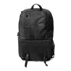 Naklejka premium Black laptop backpack unisex accessories. Backpack isolated on White Background. Men's bag.