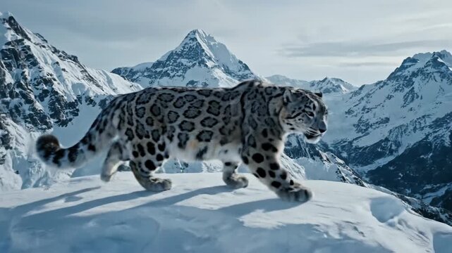 Snow Leopard Navigates Snowy Mountain Terrain
