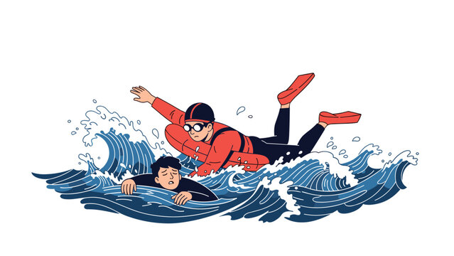 A skilled lifeguard is heroically rescuing a drowning man in choppy, wavy water, emphasizing safety and swift action in emergencies.