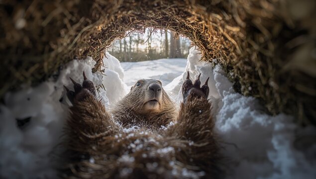 Peering groundhog lifting clawed forepaws inside straw burrow entrance, packed snow and treeline