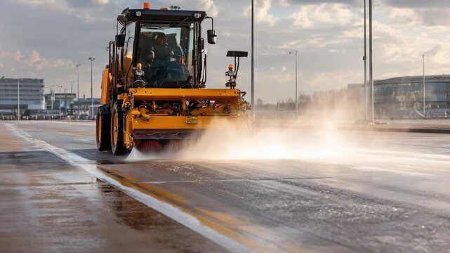 Medium frame showing a mechanical tarmac sweeper with water spray system reducing dust while cleaning an industrial airfield pavement.