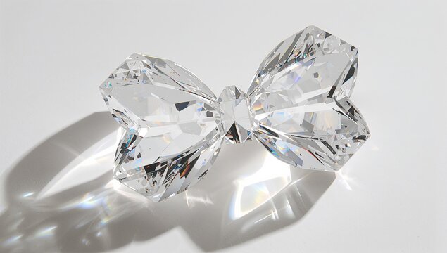 Resting clear faceted crystal bow-shaped ornament on white tabletop, casting prismatic reflections