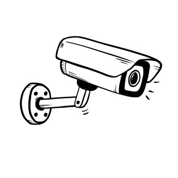Hand drawn vector illustration of a modern security CCTV camera on wall mount. Surveillance system line art isolated on white background. Minimalist protection and monitoring icon for design.