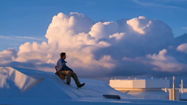 An industrial scene featuring a technician inspecting a damaged membrane on a rooftop, emphasizing the need for regular maintenance in building structures to prevent leaks and prolong lifespan.