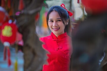 Joyful Woman in Red Dress Celebrating New Year Festivities