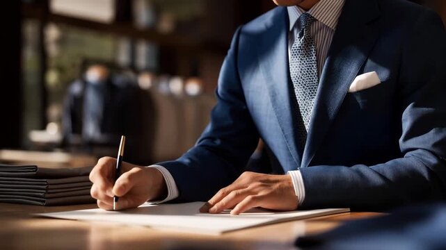 In a vibrant workshop, a professional tailor at work turns sketches into reality, illustrating the transformation of creative designs into well-fitted clothing that meets the highest standards of