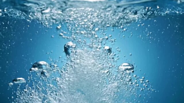 Water splashing in clear blue liquid as a glass is dropped from above
