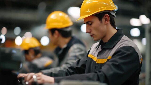The assembly line operates smoothly with workers wearing safety gear, emphasizing the crucial role of safety protocols in maintaining a productive environment in factories around the globe.