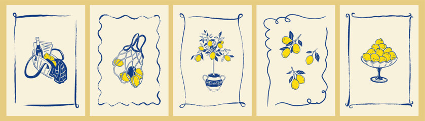 Set of Italian summer postage vintage doodle stamp, poster with whimsical wavy blue crayon frames, lemon fruit, picnic basket, wine bottle. Amalfi, Positano, Sicily, Capri La Dolce vita vacations © Kseniia