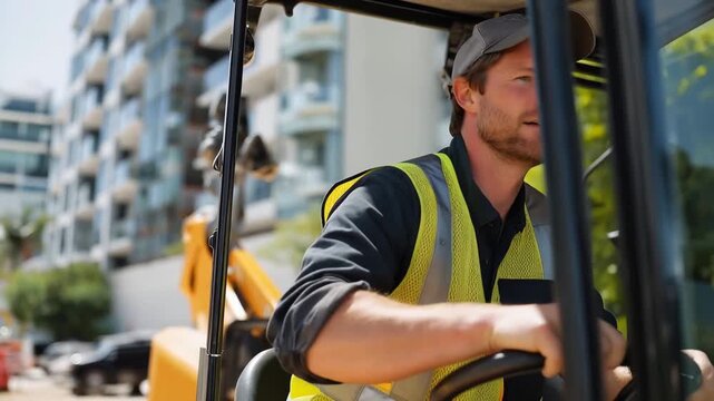The service man operates heavy machinery at a construction site, demonstrating safety procedures and engineering skills, highlighting the vital contributions of skilled labor to infrastructure