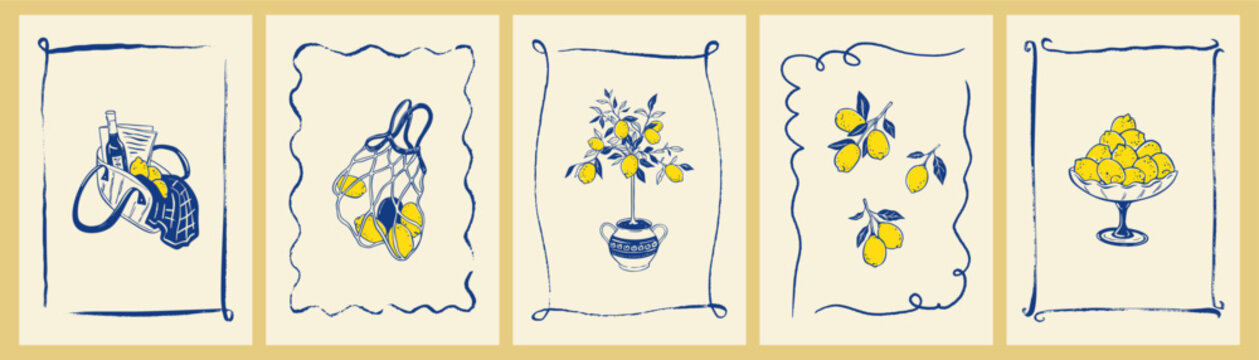 Set of Italian summer postage vintage doodle stamp, poster with whimsical wavy blue crayon frames, lemon fruit, picnic basket, wine bottle. Amalfi, Positano, Sicily, Capri La Dolce vita vacations