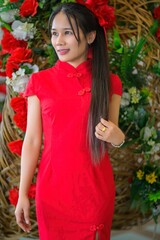 Beautiful Young Woman in Red Dress Celebrating New Year Festivities